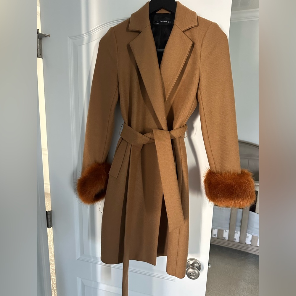 Zara camel coat with faux fur sleeves